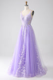 Lilla A-Line Spaghetti Straps Tulle Abito lungo da ballo con applicazioni