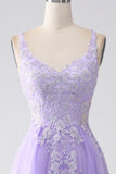 Lilla A-Line Spaghetti Straps Tulle Abito lungo da ballo con applicazioni