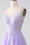 Lilla A-Line Spaghetti Straps Tulle Abito lungo da ballo con applicazioni
