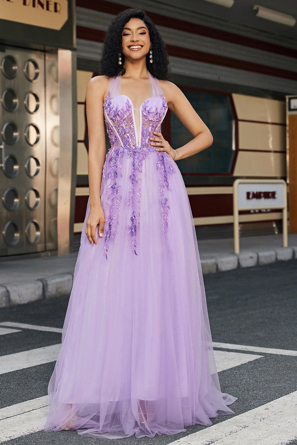 Splendida A Line Halter Neck Grigio Corsetto Viola Prom Dress con Appliques