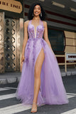 Splendida A Line Halter Neck Grigio Corsetto Viola Prom Dress con Appliques
