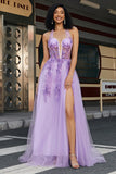 Splendida A Line Halter Neck Grigio Corsetto Viola Prom Dress con Appliques