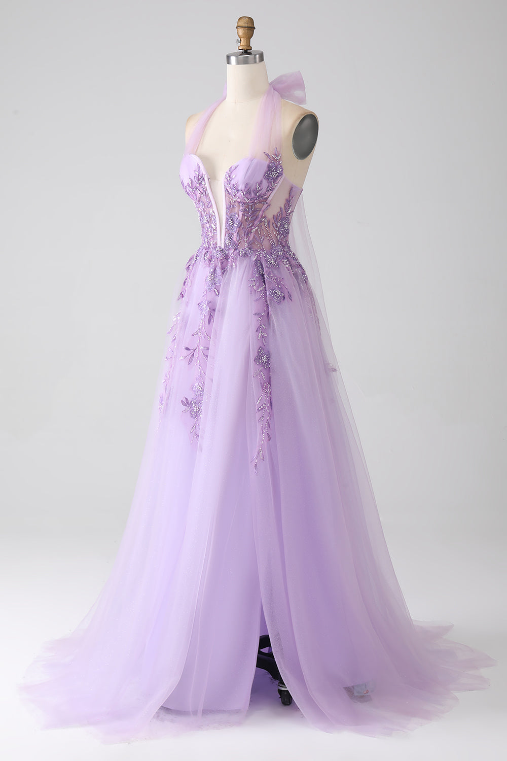 Grigio Viola A-Line Halter Neck in rilievo Abito lungo Prom