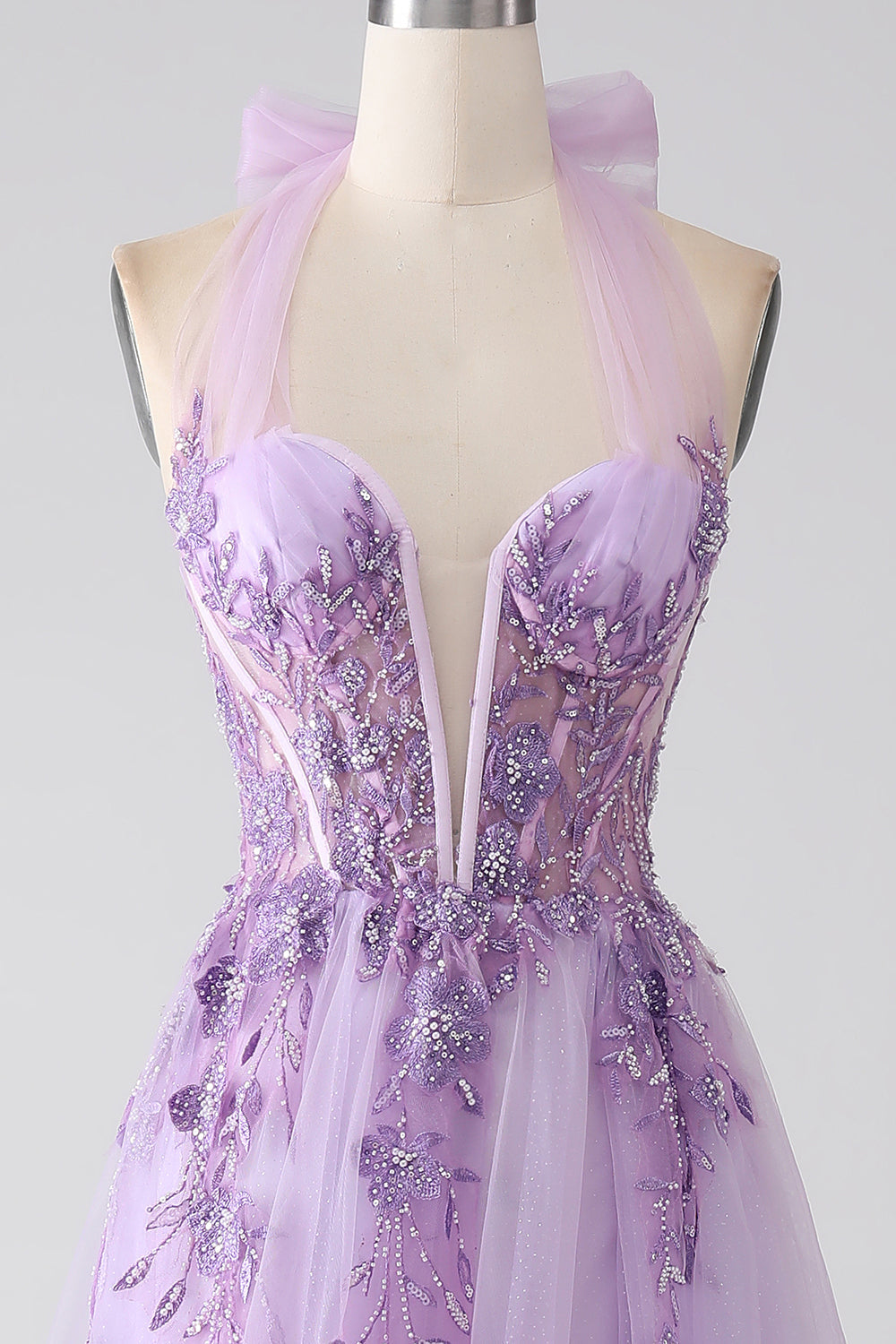 Grigio Viola A-Line Halter Neck in rilievo Abito lungo Prom