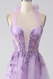 Grigio Viola A-Line Halter Neck in rilievo Abito lungo Prom