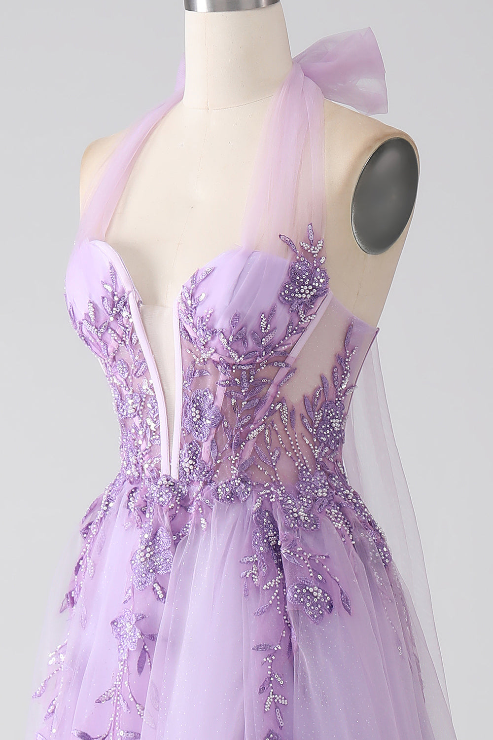 Grigio Viola A-Line Halter Neck in rilievo Abito lungo Prom