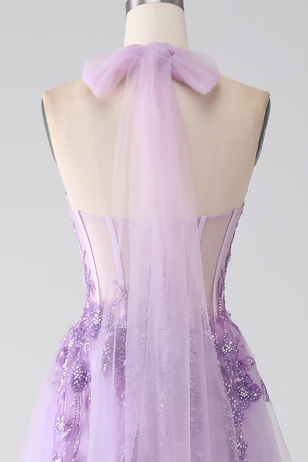 Grigio Viola A-Line Halter Neck in rilievo Abito lungo Prom