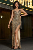 Sparkly Mermaid Golden lungo abito da ballo con frange con fessura