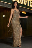 Sparkly Mermaid Golden lungo abito da ballo con frange con fessura