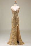 Sparkly Mermaid Golden Abito da ballo lungo con fessura
