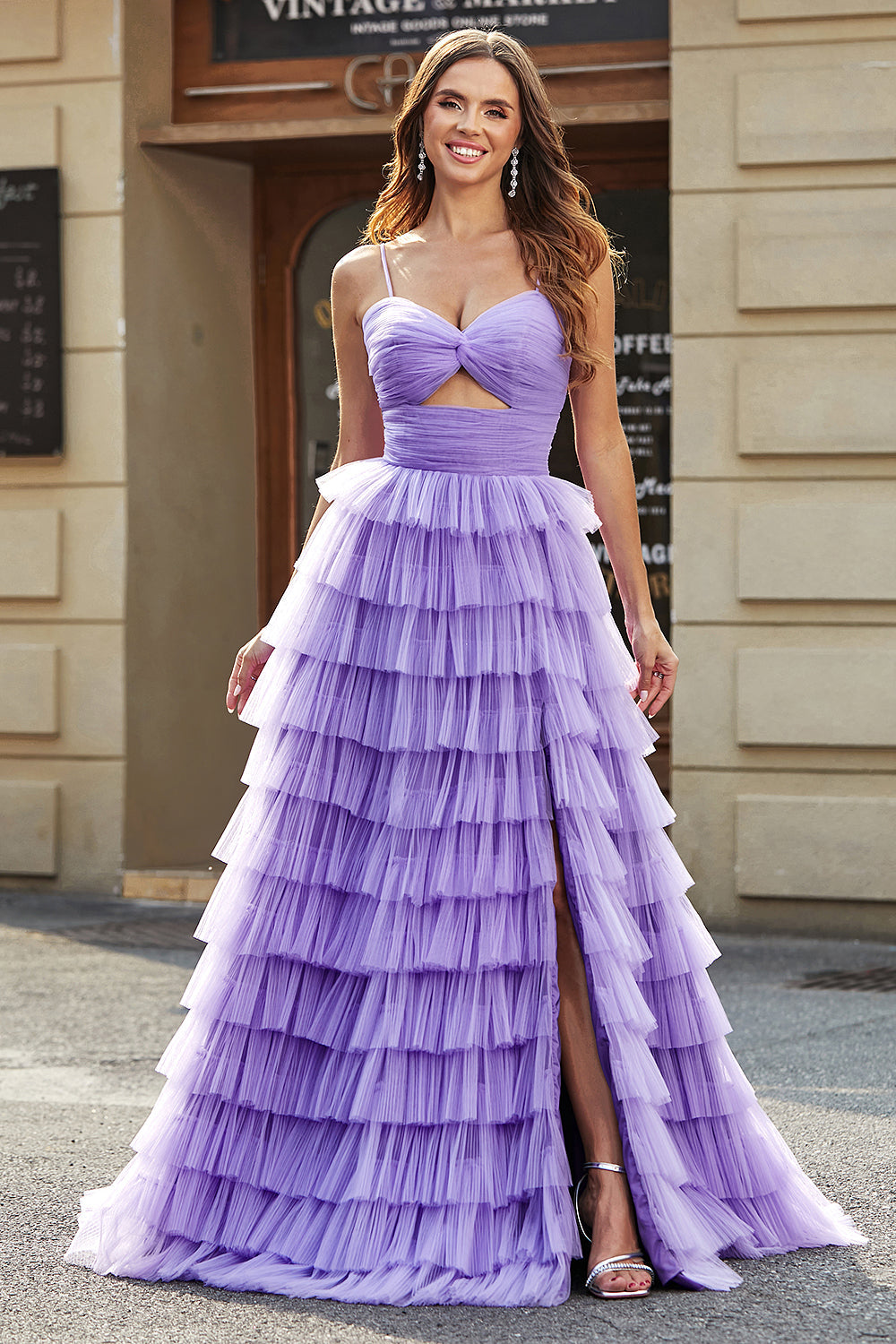 Tulle A-Line Viola Abito da ballo lungo a più livelli con fessura