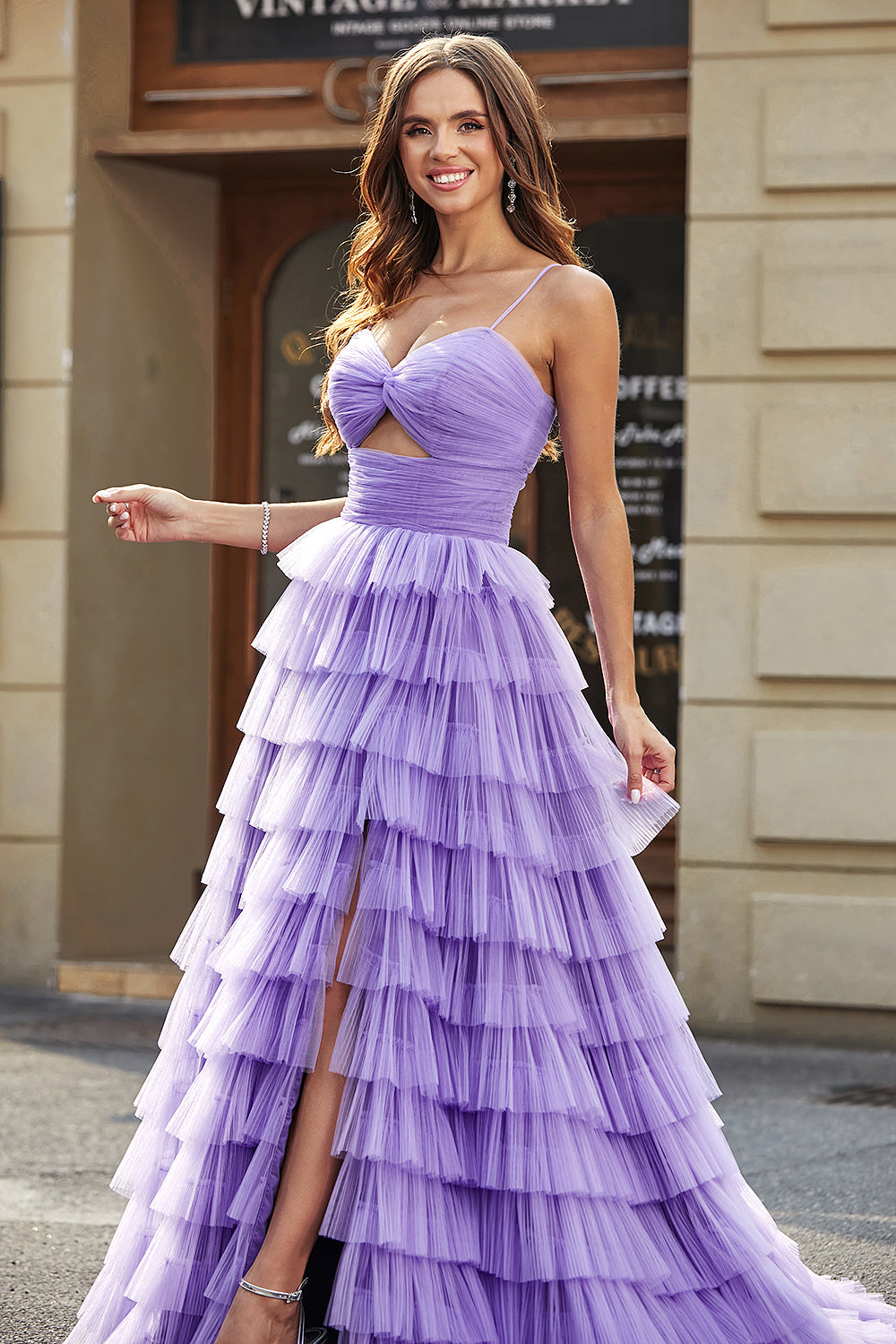 Tulle A-Line Viola Abito da ballo lungo a più livelli con fessura