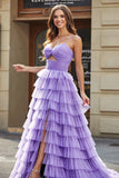 Tulle A-Line Viola Abito da ballo lungo a più livelli con fessura