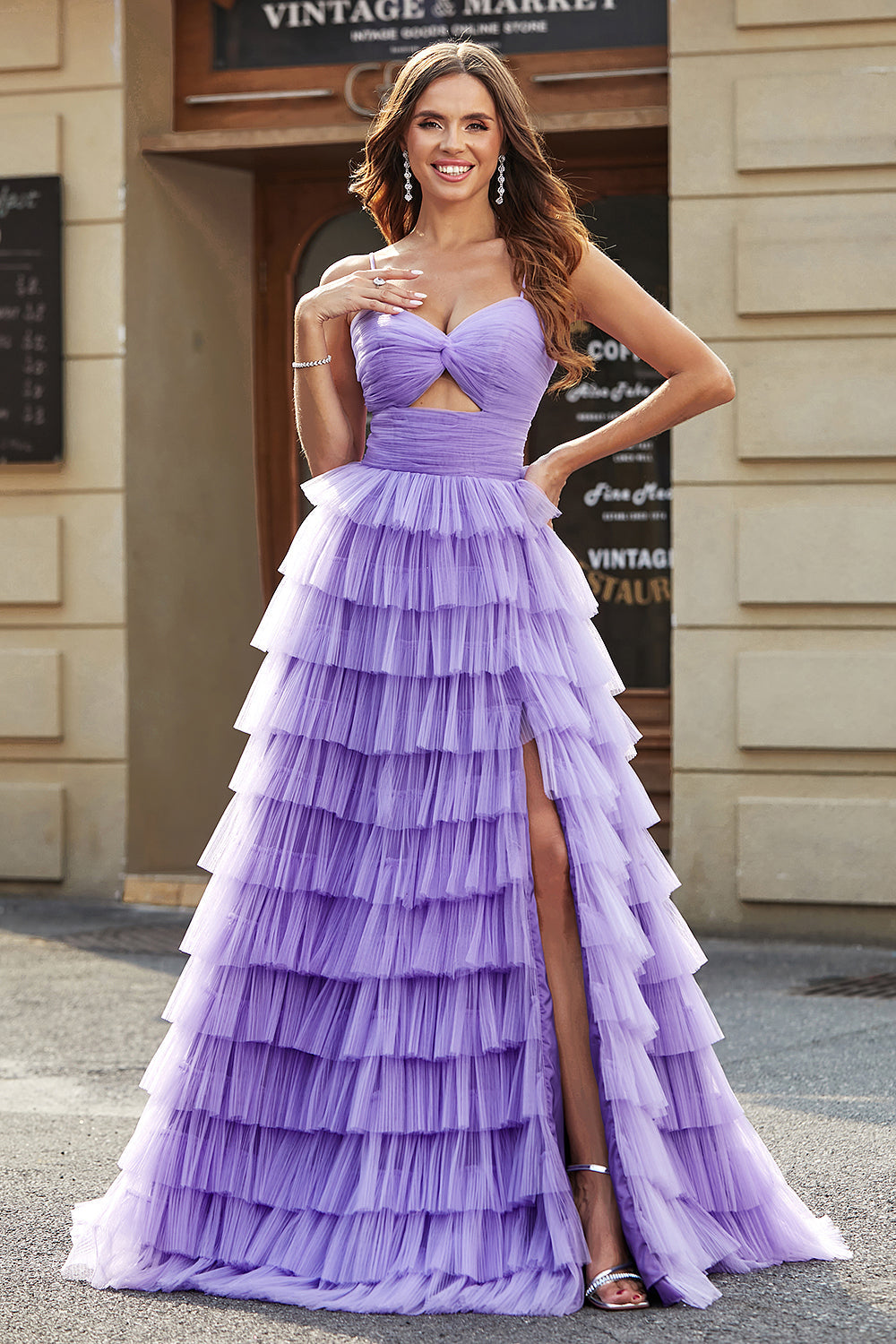 Tulle A-Line Viola Abito da ballo lungo a più livelli con fessura