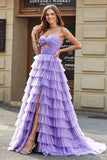 Tulle A-Line Viola Abito da ballo lungo a più livelli con fessura