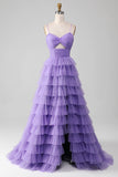 Tulle viola A-Line Abito da ballo lungo a più livelli con fessura