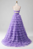 Tulle A-Line Viola Abito da ballo lungo a più livelli con fessura