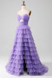 Tulle viola A-Line Abito da ballo lungo a più livelli con fessura