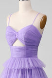 Tulle viola A-Line Abito da ballo lungo a più livelli con fessura