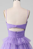 Tulle viola A-Line Abito da ballo lungo a più livelli con fessura