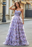 Splendido A Line Off the Shoulder Lavanda Stampato Abito Lungo Prom con Volant