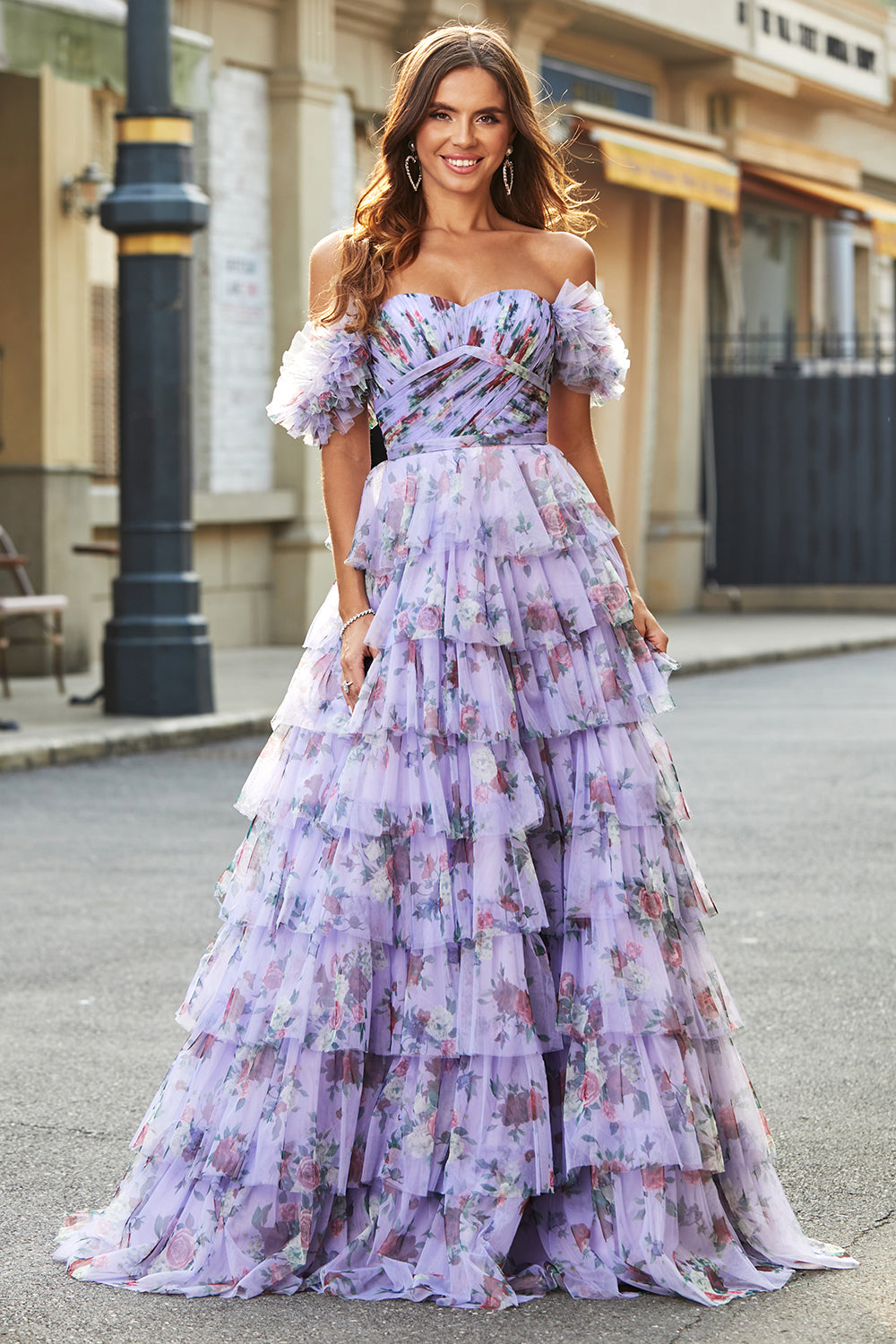 Splendido A Line Off the Shoulder Lavanda Stampato Abito Lungo Prom con Volant