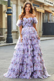 Splendido A Line Off the Shoulder Lavanda Stampato Abito Lungo Prom con Volant