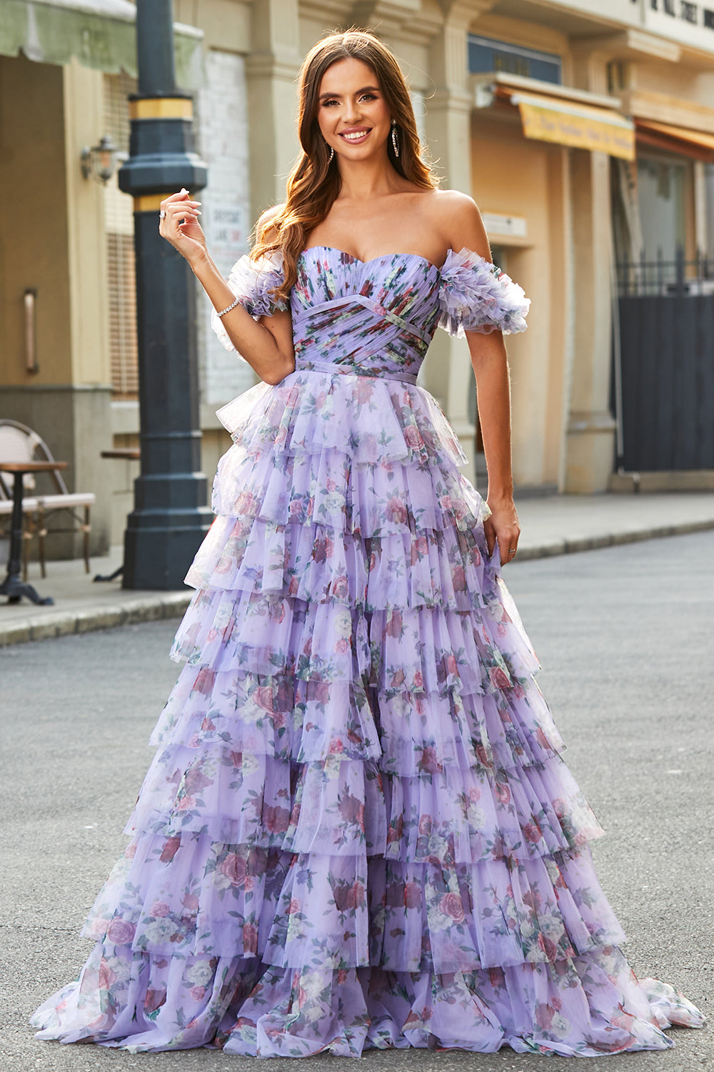 Splendido A Line Off the Shoulder Lavanda Stampato Abito Lungo Prom con Volant