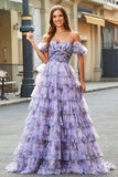 Splendido A Line Off the Shoulder Lavanda Stampato Abito Lungo Prom con Volant