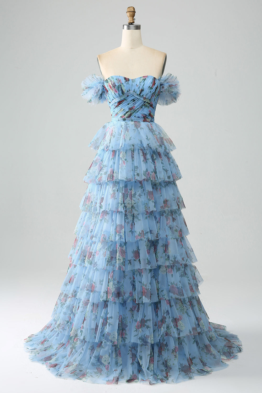 Splendido A Line Off the Shoulder Lavanda Stampato Abito Lungo Prom con Volant