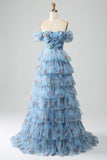 Splendido A Line Off the Shoulder Lavanda Stampato Abito Lungo Prom con Volant