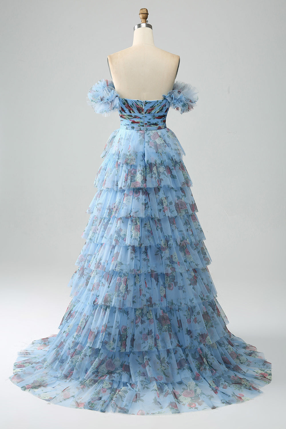 Splendido A Line Off the Shoulder Lavanda Stampato Abito Lungo Prom con Volant