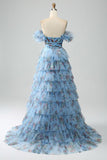 Splendido A Line Off the Shoulder Lavanda Stampato Abito Lungo Prom con Volant