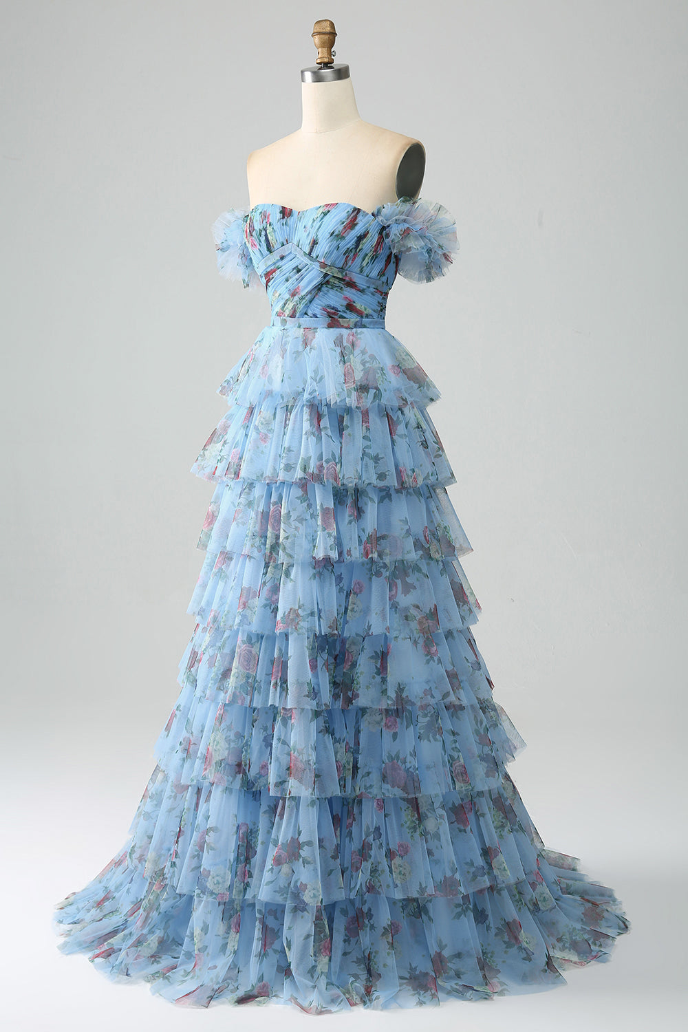 Splendido A Line Off the Shoulder Lavanda Stampato Abito Lungo Prom con Volant