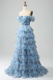 Splendido A Line Off the Shoulder Lavanda Stampato Abito Lungo Prom con Volant