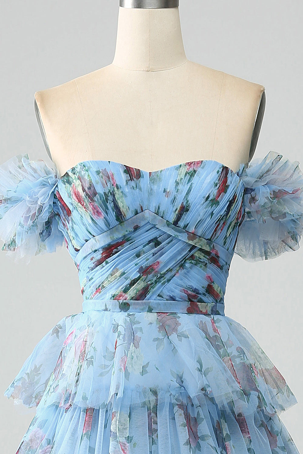 Splendido A Line Off the Shoulder Lavanda Stampato Abito Lungo Prom con Volant