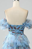 Splendido A Line Off the Shoulder Lavanda Stampato Abito Lungo Prom con Volant