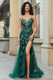 Splendida sirena Spaghetti Straps Verde scuro Abito da ballo lungo con appliques