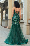 Splendida sirena Spaghetti Straps Verde scuro Abito da ballo lungo con appliques