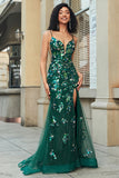 Splendida sirena Spaghetti Straps Verde scuro Abito da ballo lungo con appliques