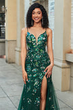 Splendida sirena Spaghetti Straps Verde scuro Abito da ballo lungo con appliques