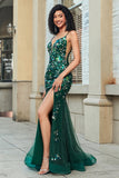Splendida sirena Spaghetti Straps Verde scuro Abito da ballo lungo con appliques