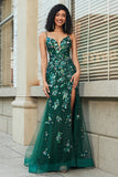 Splendida sirena Spaghetti Straps Verde scuro Abito da ballo lungo con appliques