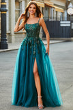 Splendido A Line Spaghetti Straps Verde Scuro Abito Lungo Prom con Appliques