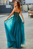 Splendido A Line Spaghetti Straps Verde Scuro Abito Lungo Prom con Appliques