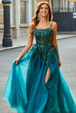 Splendido A Line Spaghetti Straps Verde Scuro Abito Lungo Prom con Appliques