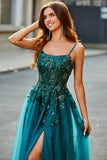 Splendido A Line Spaghetti Straps Verde Scuro Abito Lungo Prom con Appliques