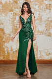 Scintillante verde scuro sirena abito da ballo con fessura