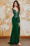 Scintillante verde scuro sirena abito da ballo con fessura
