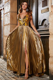 Sparkly A-Line Scollo a V argento specchio Prom Dress con fessura